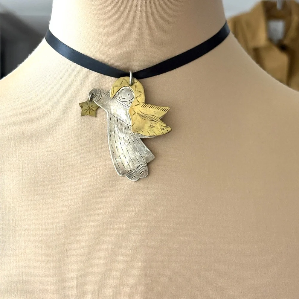 necklace angel star wings silver brass handmade vintage folk art 54